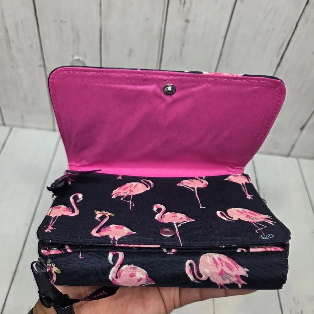 Vera Bradley Pink Flamingo Quilted Wallet Navy Blue RFID Multi Compartment GUC